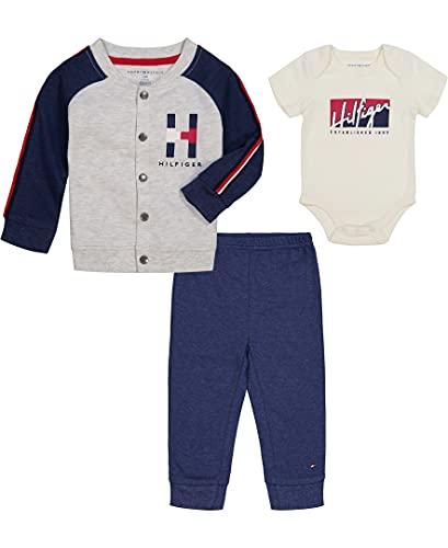 0194753954731 - TOMMY HILFIGER BABY BOYS 3 PIECES CARDIGAN PANTS SET, TANGO RED/MEDIEVAL BLUE/HEATHER MIST, 12M