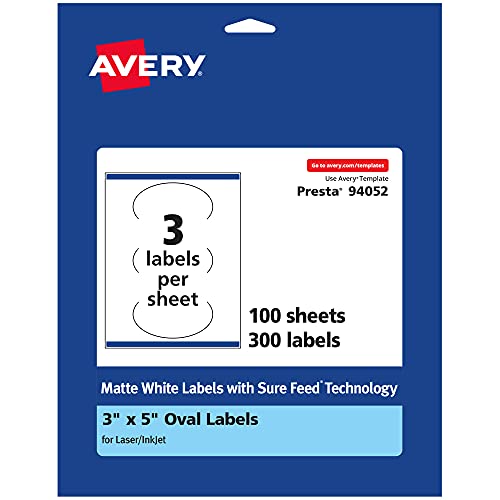 0194793005219 - AVERY MATTE WHITE OVAL LABELS WITH SURE FEED, 3 X 5, 300 MATTE WHITE PRINTABLE LABELS