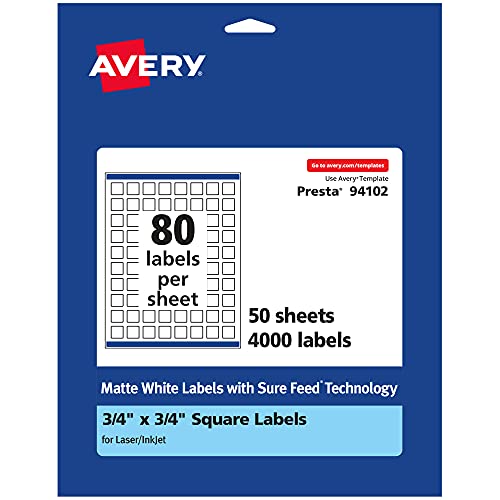 0194793010206 - AVERY MATTE WHITE SQUARE LABELS WITH SURE FEED, 3/4 X 3/4, 4,000 MATTE WHITE PRINTABLE LABELS