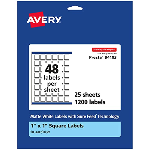 0194793010350 - AVERY MATTE WHITE SQUARE LABELS WITH SURE FEED, 1 X 1, 1,200 MATTE WHITE PRINTABLE LABELS