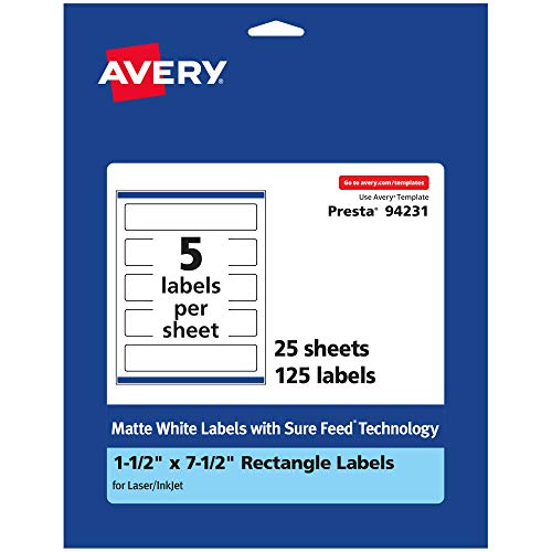 0194793023152 - AVERY MATTE WHITE RECTANGLE LABELS WITH SURE FEED, 1.5 X 7.5, 125 MATTE WHITE PRINTABLE LABELS