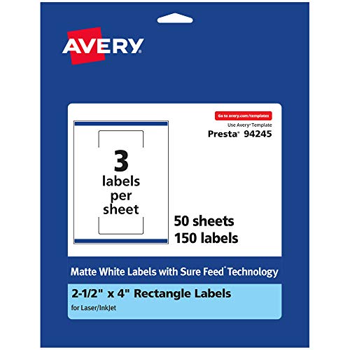 0194793024500 - AVERY MATTE WHITE RECTANGLE LABELS WITH SURE FEED, 2.5 X 4, 150 MATTE WHITE PRINTABLE LABELS