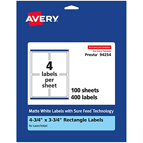 0194793025415 - AVERY MATTE WHITE RECTANGLE LABELS WITH SURE FEED, 4.75 X 3.75, 400 MATTE WHITE PRINTABLE LABELS
