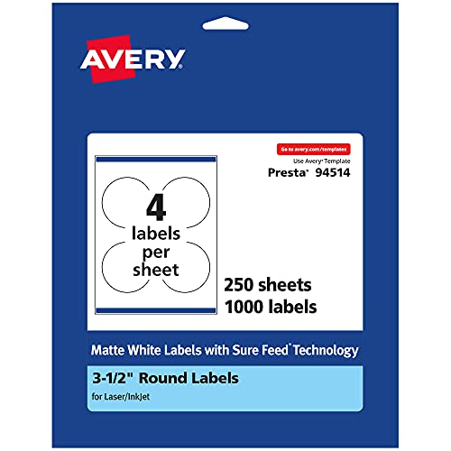 0194793051421 - AVERY MATTE WHITE ROUND LABELS WITH SURE FEED, 3.5 DIAMETER, 1,000 MATTE WHITE PRINTABLE LABELS