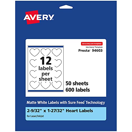0194793060300 - AVERY MATTE WHITE HEART LABELS WITH SURE FEED, 2-9/32 X 1-27/32, 600 MATTE WHITE PRINTABLE LABELS