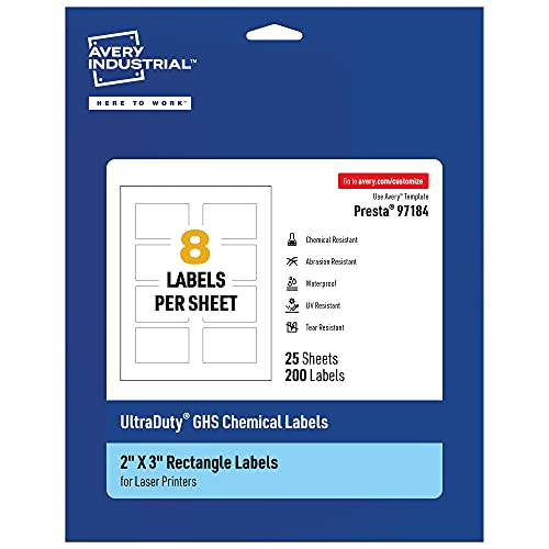 0194793901252 - AVERY ULTRADUTY GHS LABELS, WATERPROOF, 2 X 3 INCH RECTANGLE PRINTABLE LABELS, PACK OF 200 WHITE LABELS FOR USE WITH LASER PRINTERS