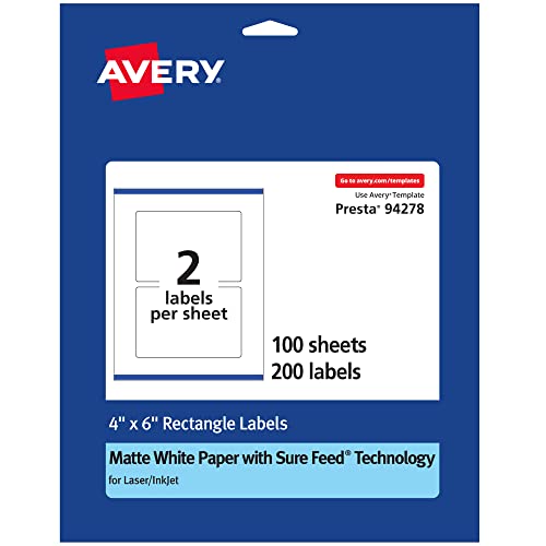 0194793907131 - AVERY MATTE WHITE RECTANGLE LABELS WITH SURE FEED, 4 X 6, 200 WHITE LABELS, PRINT-TO-THE-EDGE, PERMANENT LABEL ADHESIVE, LASER/INKJET PRINTABLE LABELS