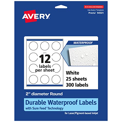 0194793910728 - AVERY DURABLE WATERPROOF ROUND LABELS WITH SURE FEED, 2 DIAMETER, 300 OIL AND TEAR-RESISTANT WATERPROOF LABELS, PRINT-TO-THE-EDGE, LASER/PIGMENT-BASED INKJET PRINTABLE LABELS