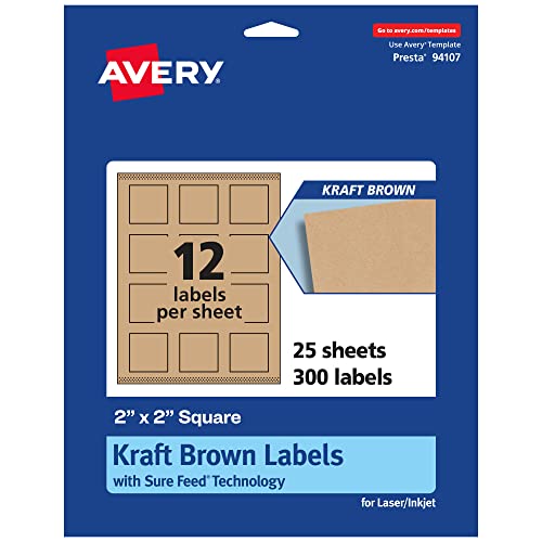 0194793918434 - AVERY KRAFT BROWN SQUARE LABELS WITH SURE FEED, 2 X 2, 300 KRAFT BROWN LABELS, PRINT-TO-THE-EDGE, LASER/INKJET PRINTABLE LABELS