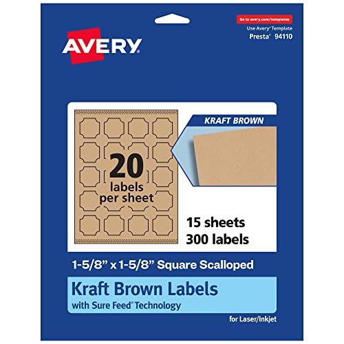 0194793918540 - AVERY KRAFT BROWN SQUARE SCALLOPED LABELS WITH SURE FEED, 1-5/8 X 1-5/8, 300 KRAFT BROWN LABELS, PRINT-TO-THE-EDGE, LASER/INKJET PRINTABLE LABELS