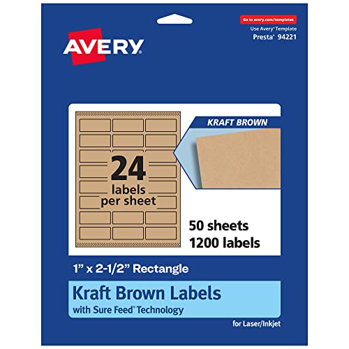 0194793919646 - AVERY KRAFT BROWN RECTANGLE LABELS WITH SURE FEED, 1 X 2.5, 1,200 KRAFT BROWN LABELS, LASER/INKJET PRINTABLE LABELS