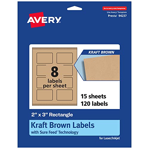 0194793920185 - AVERY KRAFT BROWN RECTANGLE LABELS WITH SURE FEED, 2 X 3, 120 KRAFT BROWN LABELS, PRINT-TO-THE-EDGE, LASER/INKJET PRINTABLE LABELS