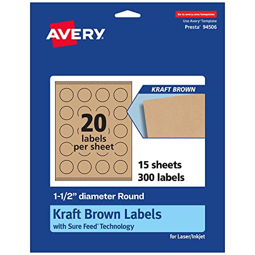 0194793921748 - AVERY KRAFT BROWN ROUND LABELS WITH SURE FEED, 1.5 DIAMETER, 300 KRAFT BROWN LABELS, PRINT-TO-THE-EDGE, LASER/INKJET PRINTABLE LABELS