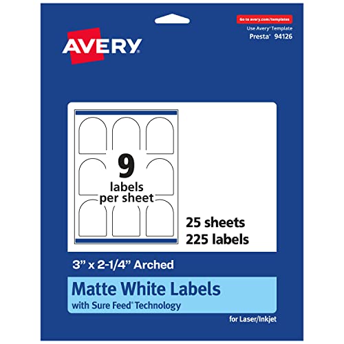 0194793922585 - AVERY MATTE WHITE ARCHED LABELS WITH SURE FEED, 3 X 2.25, 225 LABELS, PRINT-TO-THE-EDGE, LASER/INKJET PRINTABLE LABELS