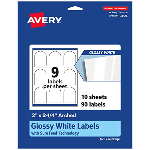 0194793922660 - AVERY GLOSSY WHITE ARCHED LABELS WITH SURE FEED, 3 X 2.25, 90 LABELS, PRINT-TO-THE-EDGE, LASER/INKJET PRINTABLE LABELS