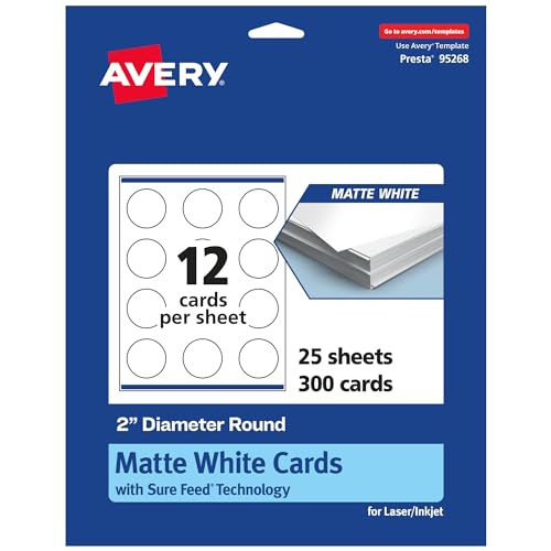 0194793932614 - AVERY PRINTABLE ROUND CARDS WITH SURE FEED TECHNOLOGY, 2 DIAMETER, MATTE WHITE CARDSTOCK, PRINT-TO-THE-EDGE, LASER/INKJET CARDS, 300 TOTAL