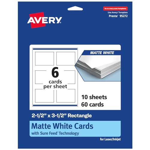 0194793932690 - AVERY PRINTABLE RECTANGLE CARDS WITH SURE FEED TECHNOLOGY, 2.5 X 3.5, MATTE WHITE CARDSTOCK, PRINT-TO-THE-EDGE, LASER/INKJET CARDS, 60 TOTAL