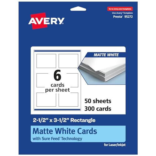 0194793932713 - AVERY PRINTABLE RECTANGLE CARDS WITH SURE FEED TECHNOLOGY, 2.5 X 3.5, MATTE WHITE CARDSTOCK, PRINT-TO-THE-EDGE, LASER/INKJET CARDS, 300 TOTAL