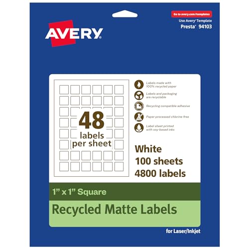 0194793933451 - AVERY ECOFRIENDLY MATTE WHITE RECYCLED SQUARE LABELS, 1 X 1, PRINT-TO-THE-EDGE, MATTE WHITE LABELS, PERMANENT LABEL ADHESIVE, LASER/INKJET, 4,800 PRINTABLE LABELS