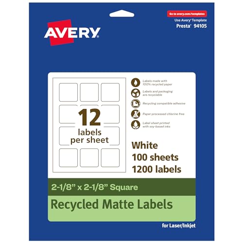 0194793933536 - AVERY ECOFRIENDLY MATTE WHITE RECYCLED SQUARE LABELS, 2-1/8 X 2-1/8, PRINT-TO-THE-EDGE, MATTE WHITE LABELS, PERMANENT LABEL ADHESIVE, LASER/INKJET, 1,200 PRINTABLE LABELS