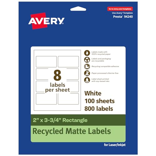0194793934892 - AVERY ECOFRIENDLY MATTE WHITE RECYCLED RECTANGLE LABELS, 2 X 3.75, PRINT-TO-THE-EDGE, MATTE WHITE LABELS, PERMANENT LABEL ADHESIVE, LASER/INKJET, 800 PRINTABLE LABELS