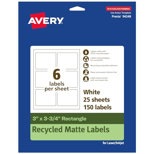 0194793935196 - AVERY ECOFRIENDLY MATTE WHITE RECYCLED RECTANGLE LABELS, 3 X 3.75, PRINT-TO-THE-EDGE, MATTE WHITE LABELS, PERMANENT LABEL ADHESIVE, LASER/INKJET, 150 PRINTABLE LABELS