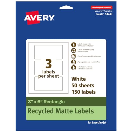 0194793935240 - AVERY ECOFRIENDLY MATTE WHITE RECYCLED RECTANGLE LABELS, 3 X 6, PRINT-TO-THE-EDGE, MATTE WHITE LABELS, PERMANENT LABEL ADHESIVE, LASER/INKJET, 150 PRINTABLE LABELS
