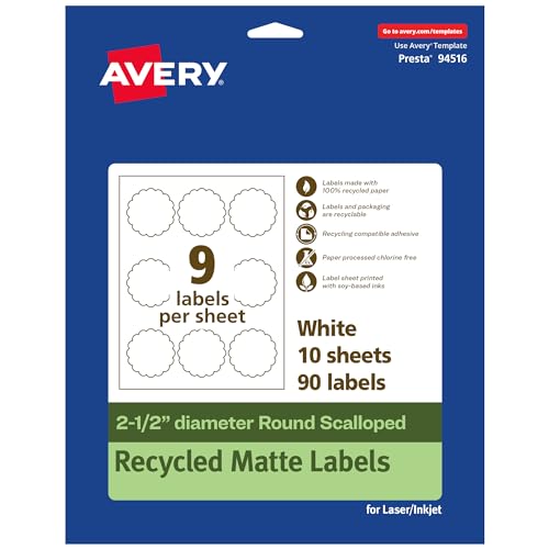 0194793936421 - AVERY ECOFRIENDLY MATTE WHITE RECYCLED ROUND SCALLOPED LABELS, 2.5 DIAMETER, PRINT-TO-THE-EDGE, MATTE WHITE LABELS, PERMANENT LABEL ADHESIVE, LASER/INKJET, 90 PRINTABLE LABELS