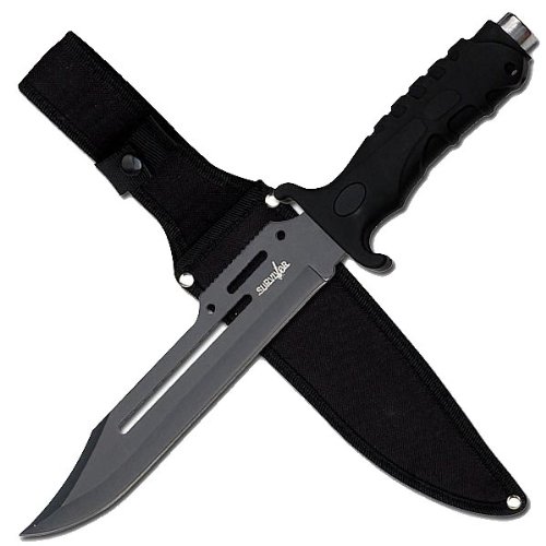 1948163193100 - SURVIVOR OUTDOOR HK-1036 FIXED BLADE OUTDOOR KNIFE, BLACK STRAIGHT EDGE BLADE, BLACK RUBBER HANDLE, 13-INCH OVERALL