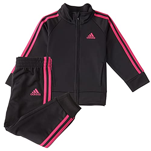 0194870476925 - ADIDAS INFANT GIRLS ZIP FRONT CLASSIC TRICOT JACKET AND JOGGERS SET, BLACK WITH REAL MAGENTA, 9M