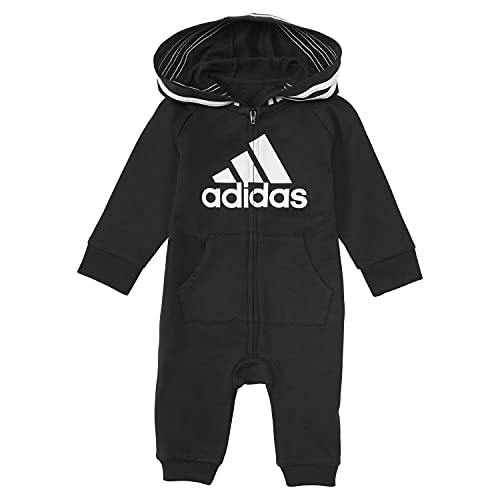 0194870561140 - ADIDAS INFANT GIRLS AND BABY BOYS LONG SLEEVE HOODED COVERALL, BLACK, 6 MONTHS