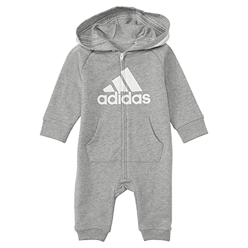 0194870561201 - ADIDAS INFANT GIRLS AND BABY BOYS LONG SLEEVE HOODED COVERALL, MEDIUM GREY HEATHER, 6 MONTHS