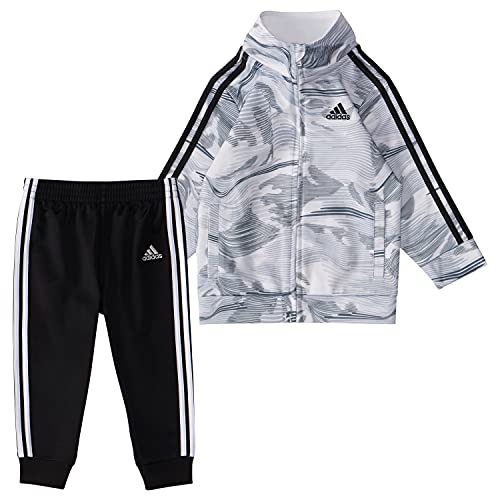 0194870570227 - ADIDAS BOYS ZIP FRONT PRINTED TRICOT JACKET AND JOGGERS SET, WHITE, 9 MONTHS