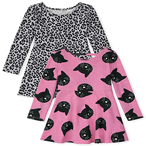0194936825186 - THE CHILDRENS PLACE BABY TODDLER GIRL LONG SLEEVE LEOPARD AND CAT PRINT KNIT SKATER DRESS 2-PACK, SILKWORM, 4T
