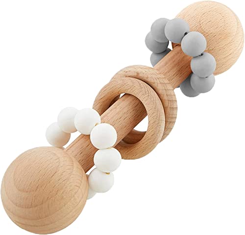 0195002176461 - STEPHAN BABY RATTLE TOY - BEECHWOOD BABY RATTLE WITH BEADED SILICONE CHEW RINGS, 6-INCH, GREY & WHITE
