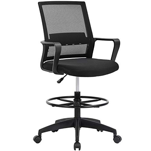 0195030012779 - DRAFTING CHAIR TALL OFFICE CHAIR ADJUSTABLE HEIGHT WITH LUMBAR SUPPORT ARMS FOOTREST MID BACK DESK CHAIR SWIVEL ROLLING MESH COMPUTER CHAIR FOR ADULTS STANDING DESK DRAFTING STOOL(BLACK)