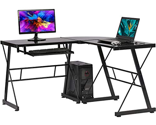 0195030014698 - DIRECT COMPUTER GAMING DESK L SHAPED CORNER WRITING FOR SMALL SPACES HOME OFFICE WITH KEYBOARD AND CPU STAND TOUGHENED GLASS, BLACK