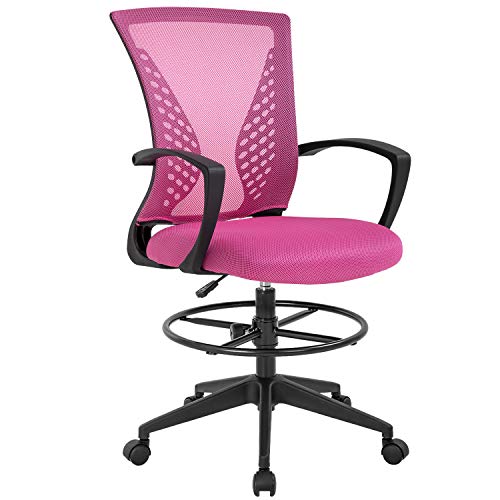 0195030018856 - DRAFTING CHAIR TALL OFFICE CHAIR ADJUSTABLE HEIGHT WITH ARMS FOOT REST BACK SUPPORT ADJUSTABLE HEIGHT ROLLING SWIVEL DESK CHAIR MESH DRAFTING STOOL FOR GIRLS(PINK)