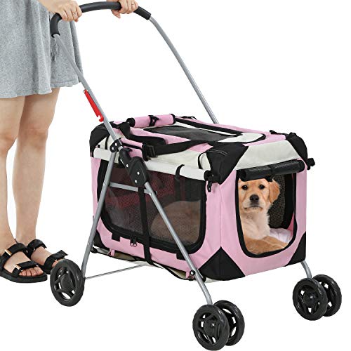 0195030018917 - BESTPET DOG STROLLER CAT STROLLER PET CARRIERS BAG FOR SMALL MEDIUM DOGS CATS TRAVEL CAMPING 4 WHEELS LIGHTWEIGHT WATERPROOF FOLDING CRATE STROLLER WITH SOFT PAD,PINK