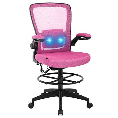 0195030019037 - DRAFTING CHAIR TALL OFFICE CHAIR ADJUSTABLE HEIGHT WITH LUMBAR SUPPORT FLIP UP ARMS FOOTREST MESH DESK CHAIR MASSAGE COMPUTER CHAIR TASK DRAFTING STOOL FOR GIRLS(PINK)
