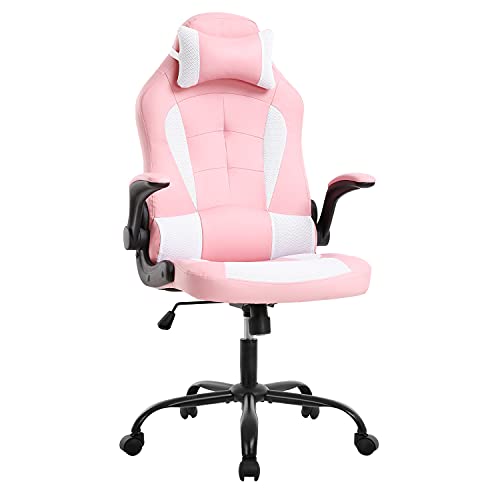 0195030041205 - PC GAMING CHAIR ERGONOMIC OFFICE CHAIR COMPUTER DESK CHAIR WITH ARMRESTS HEADREST AND LUMBAR SUPPORT HIGH BACK PU LEATHER EXECUTIVE RACING CHAIR FOR HOME (PINK)