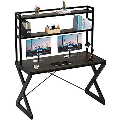 0195030044336 - 47 INDUSTRIAL DESK WITH SHELVES, STUDY WRITING LADDER DESK WITH BOOKSHELF COMPUTER DESK WITH HUTCH, PC WORKSTATION GAMING TABLE FOR HOME OFFICE, METAL FRAME, BROWN
