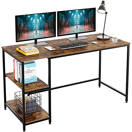 0195030044589 - COMPUTER DESK WITH 2 SHELVES,2-IN-1 LARGE OFFICE DESK WITH METAL LEGS, 55 IN LENGTH STUDY WRITING TABLE, ADJUSTABLE FEET, MODERN FURNITURE FOR HOME OFFICE, STUDY ROOM-RUSTIC BROWN