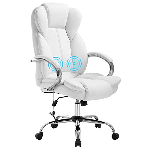 0195030053109 - OFFICE CHAIR ADJUSTABLE HIGH BACK COMPUTER CHAIR PU LEATHER MASSAGE ERGONOMIC DESK CHAIR EXECUTIVE TASK ROLLING SWIVEL CHAIR WITH LUMBAR SUPPORT FOR HOME OFFICE, WHITE