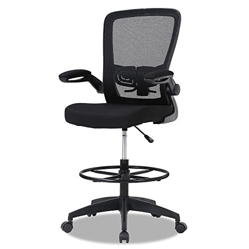 0195030058043 - DRAFTING CHAIR TALL OFFICE CHAIR MID-BACK MESH ERGONOMIC COMPUTER CHAIR HIGH ADJUSTABLE STANDING DESK CHAIR WITH LUMBAR SUPPORT ADJUSTABLE FOOT RING AND FLIP-UP ARMS,BLACK