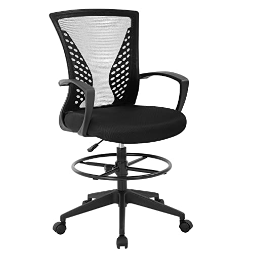 0195030059804 - FDW DRAFTING CHAIR TALL OFFICE CHAIR ERGONOMIC OFFICE CHAIRS ADJUSTABLE HEIGHT ROLLING SWIVEL COMPUTER TASK CHAIR MESH DESK CHAIR WITH ARMS FOOT REST BACK SUPPORT,BLACK