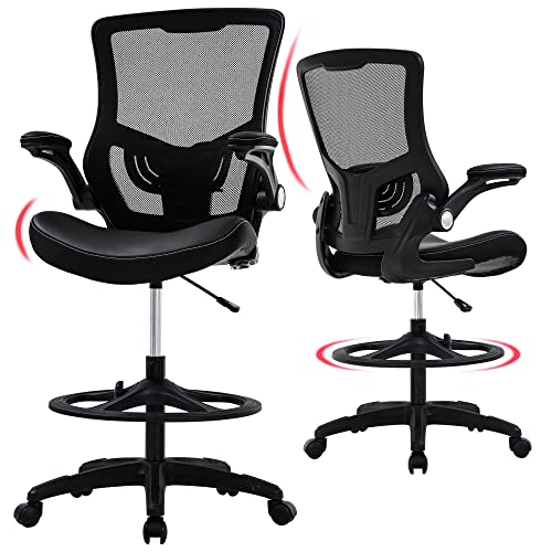 0195030059859 - FDW DRAFTING CHAIR MID-BACK MESH TALL OFFICE CHAIR WITH FLIP-UP ARMS DESK CHAIR WITH ERGONOMIC LUMBAR SUPPORT FOOT RING,BLACK