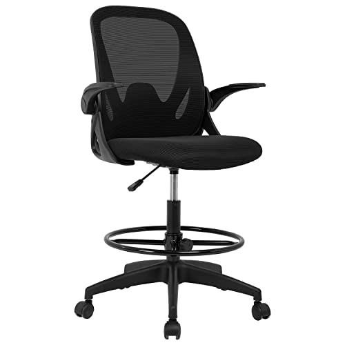 0195030064822 - DRAFTING CHAIR STANDING DESK CHAIR WITH ADJUSTABLE FOOT RING MESH BACK TALL OFFICE CHAIR TASK LUMBAR SUPPORT FLIP UP ARMS COMPUTER CHAIR(BLACK)
