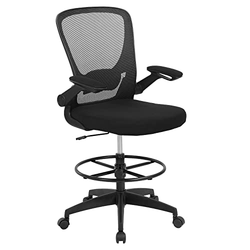0195030068394 - DRAFTING CHAIR TALL OFFICE CHAIR WITH FLIP-UP ARMRESTS EXECUTIVE MESH BACK STANDING DESK CHAIR WITH ADJUSTABLE FOOT RING(BLACK)