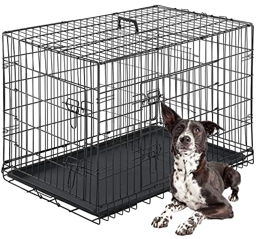 0195030086466 - FDW DOG CRATE DOG CAGE PET CRATE FOR LARGE DOGS 42INCH FOLDING METAL PET CAGE DOUBLE DOOR W/DIVIDER PANEL INDOOR OUTDOOR DOG KENNEL LEAK-PROOF PLASTIC TRAY WIRE ANIMAL CAGE